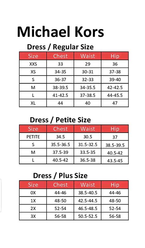 Michael Kors sizing chart